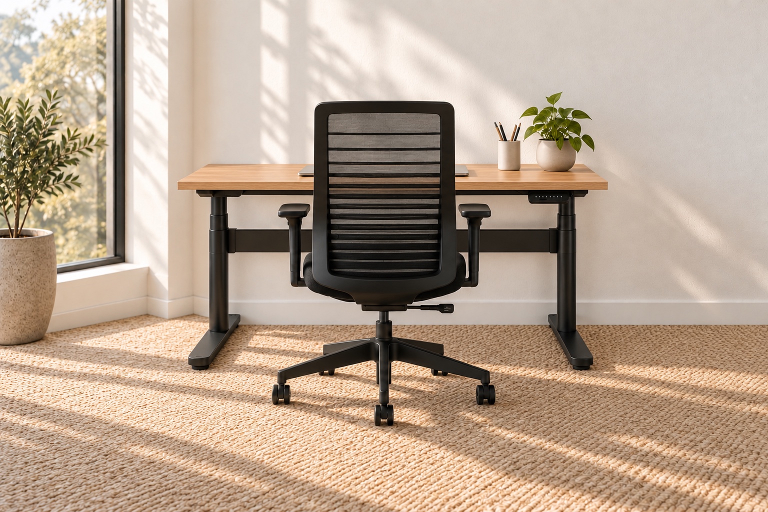 Concept workspace with a black Ventus task chair facing a Helix sit-stand desk in oak and black finishes.