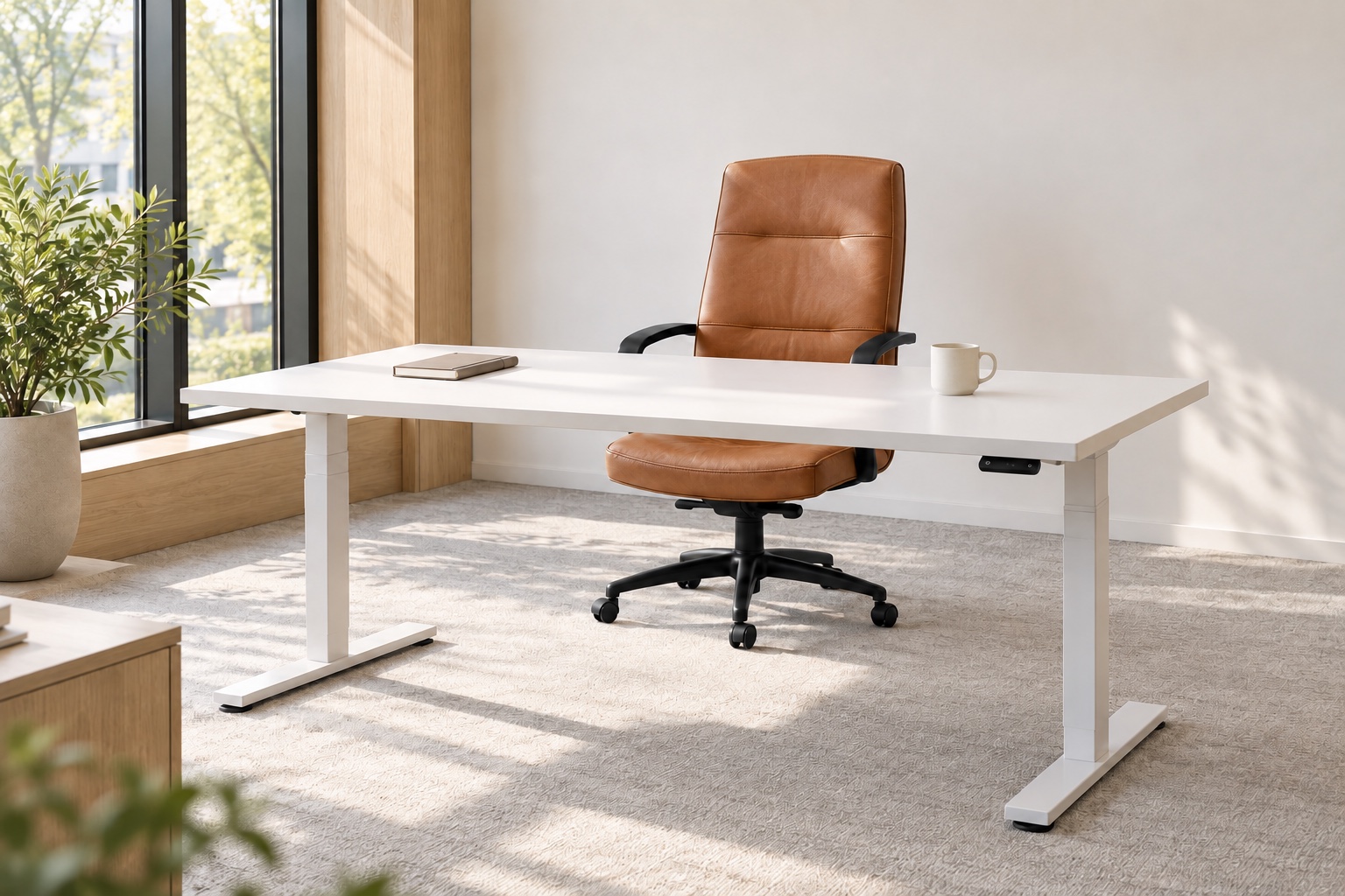 a white sit-stand desk with a tan leather chair and black arms in a quiet private office.