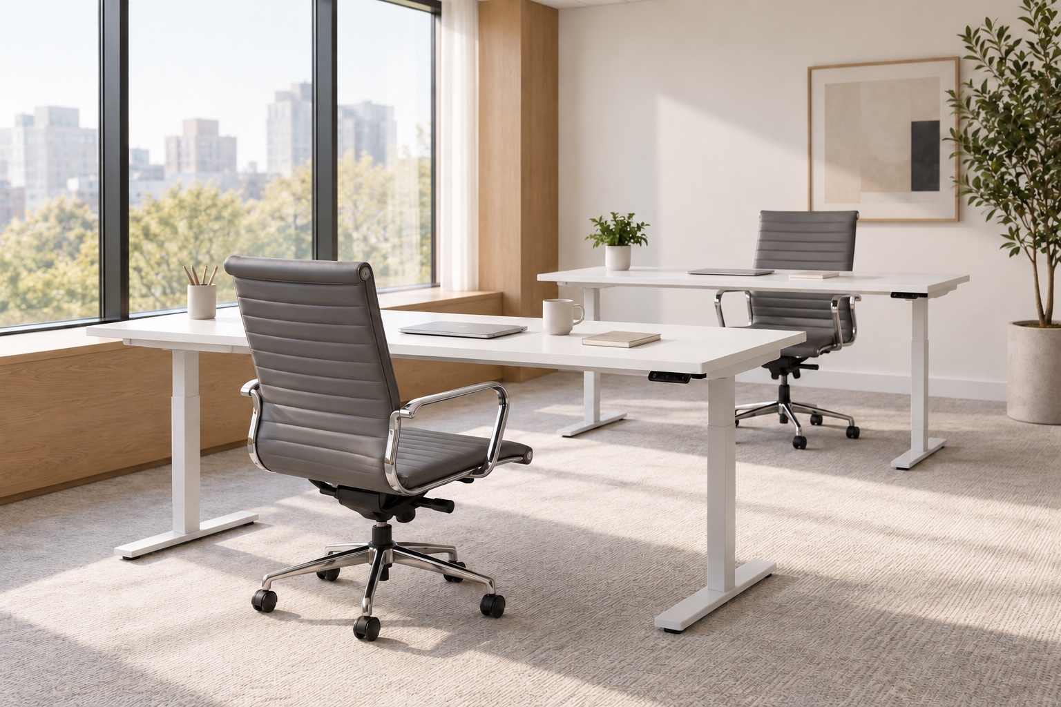 a daylight team studio with white sit-stand desks and gray ribbed chairs with chrome arms.