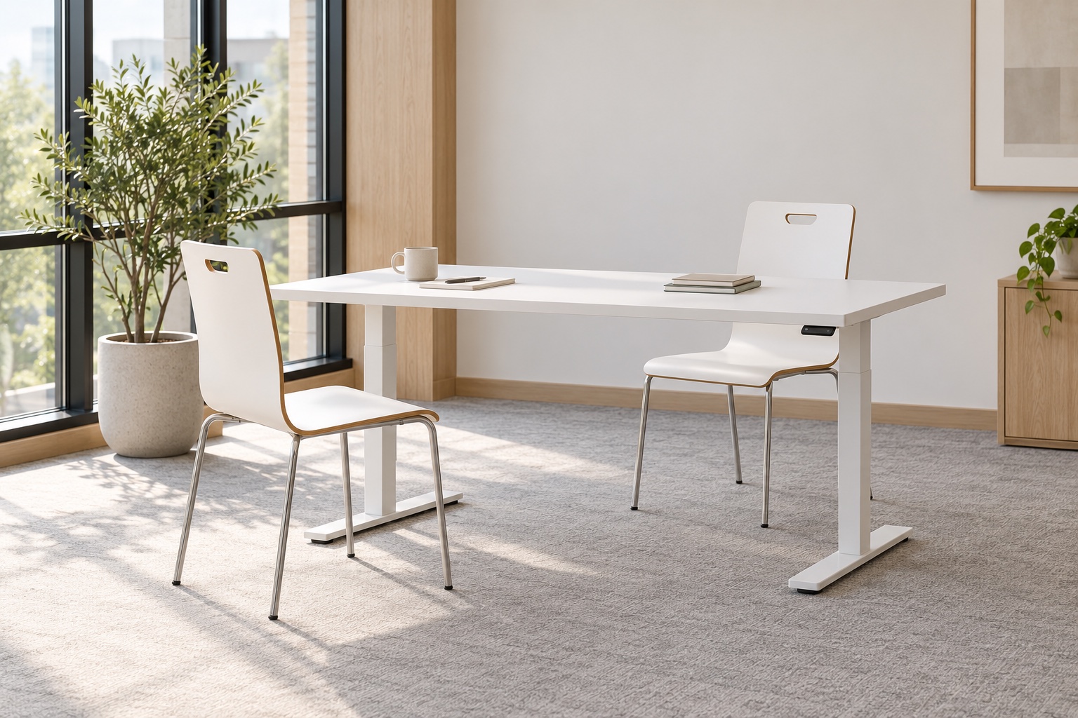 two white molded chairs with handle openings and chrome legs around a white sit-stand desk.