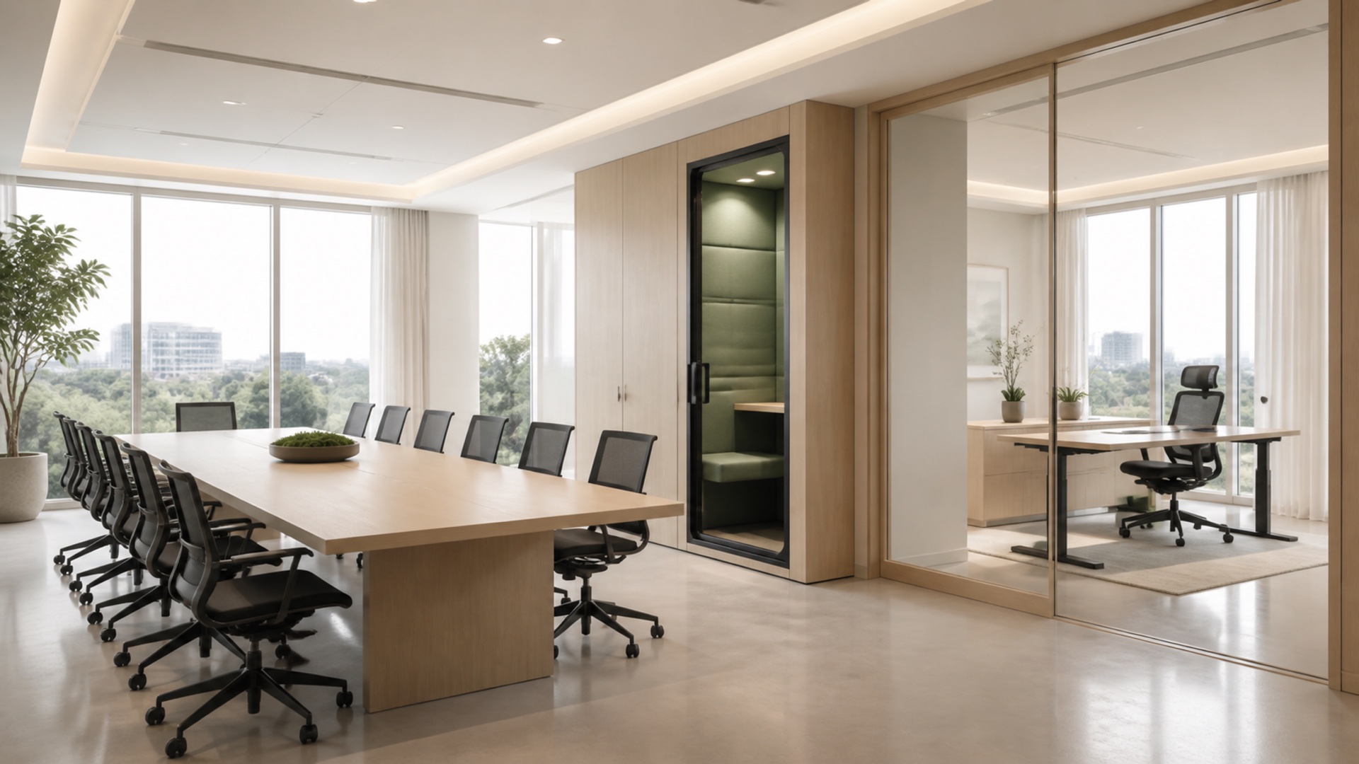 Office furniture organized inside a glass-enclosed commercial suite