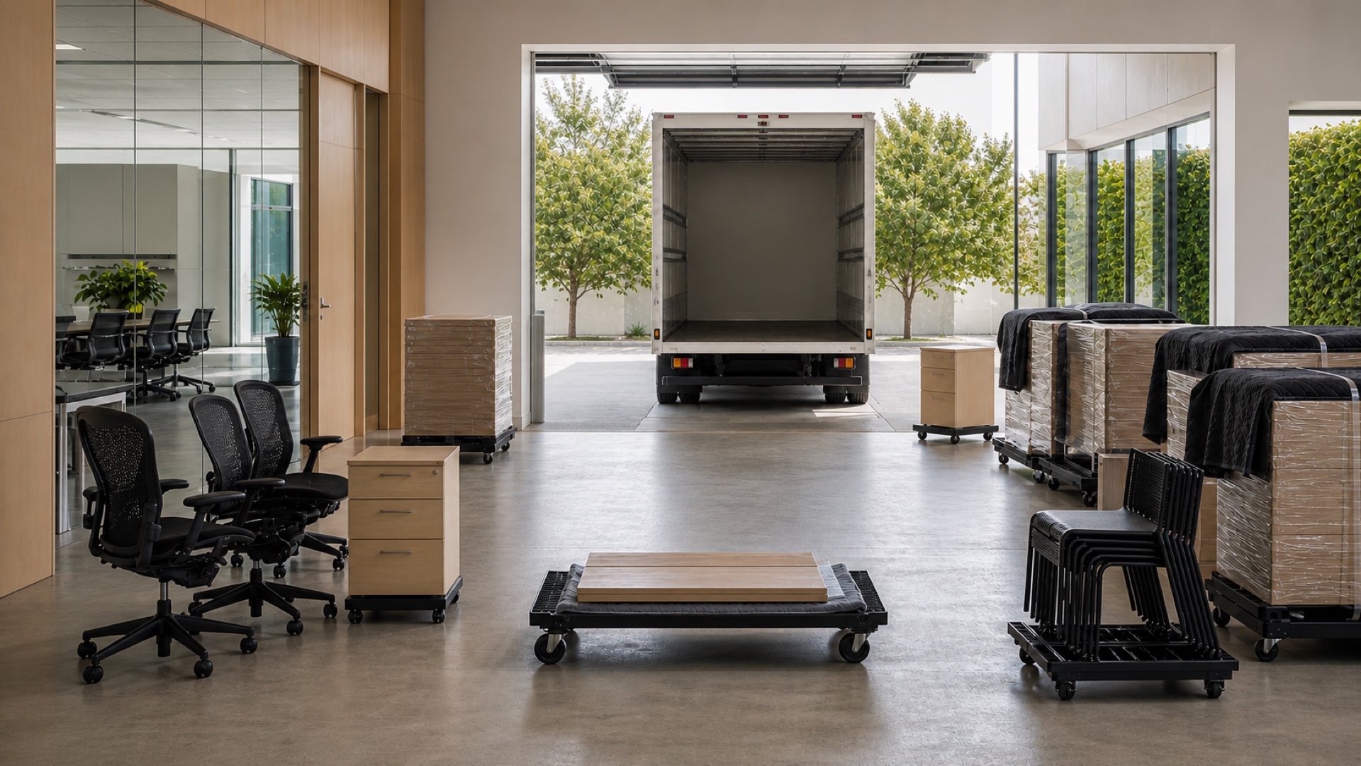 Excess office furniture, moving boxes, crates, and dollies organized for removal
