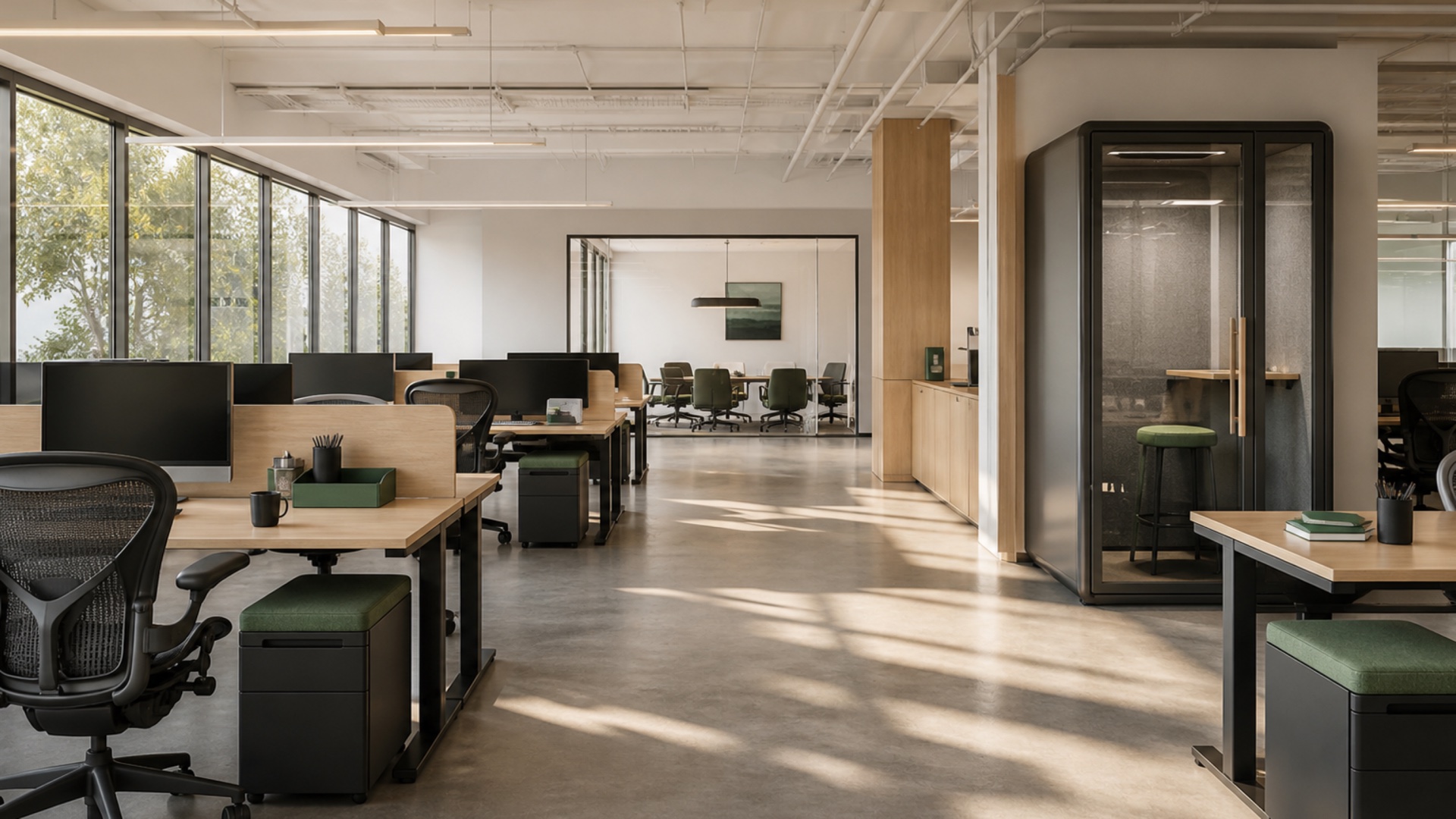 Bright private office and collaborative workplace with premium commercial furniture