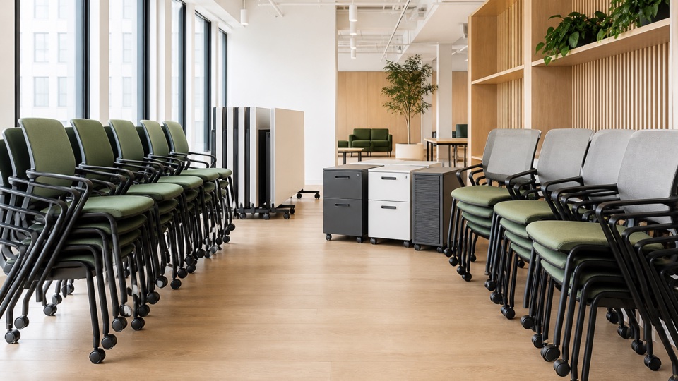 Stacked chairs and tables available for resale