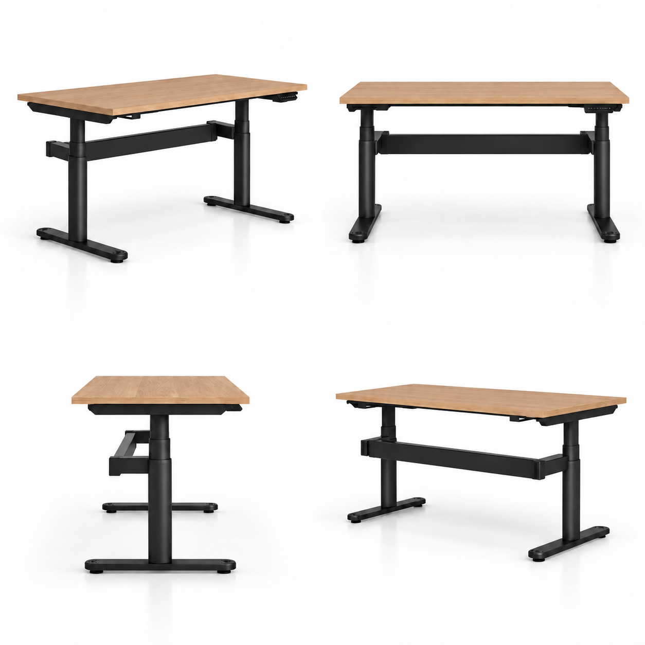 One Helix sit-stand desk with White Oak top and Black steel frame, without leg sleeves.