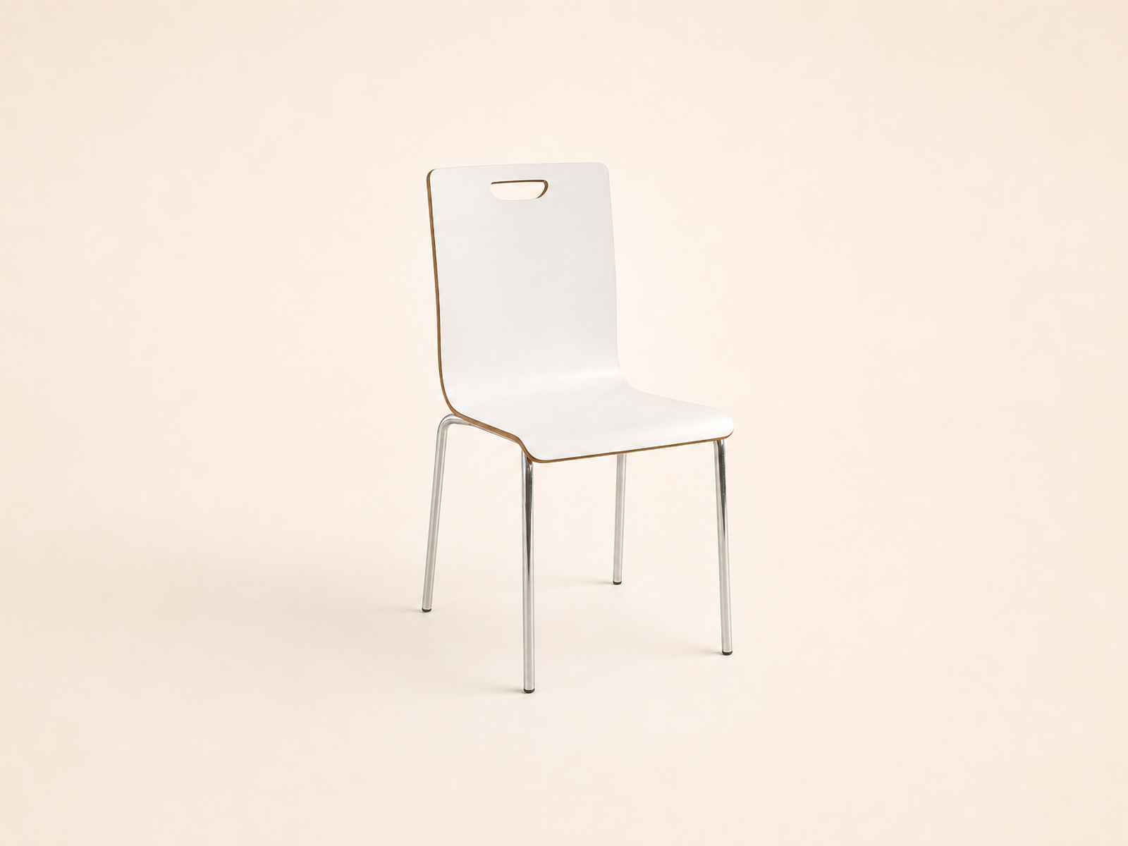 White molded stacking chair with a slim metal frame.
