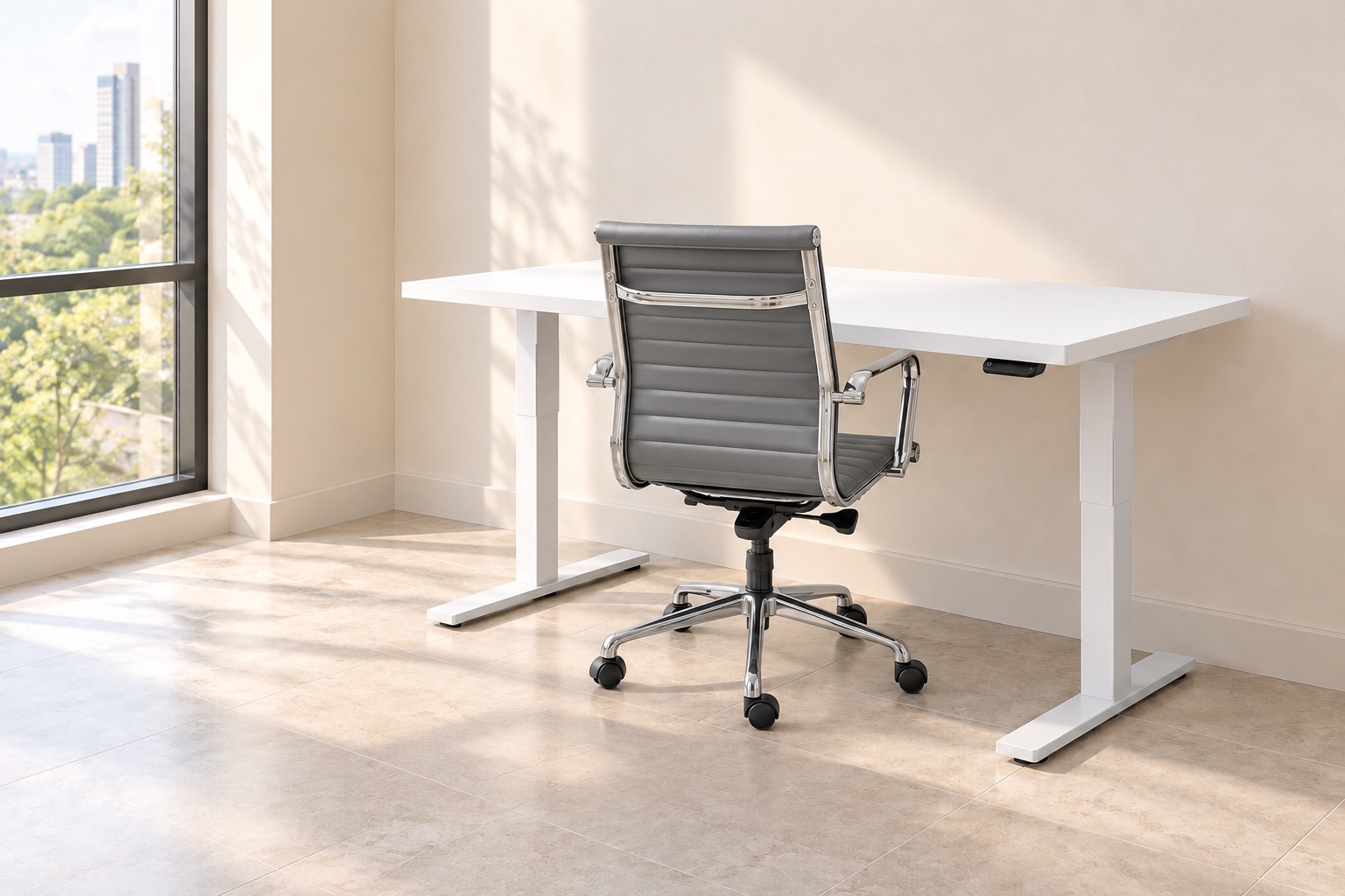 A white Poppin sit-stand desk with a gray ribbed office chair positioned at the desktop in a bright office.